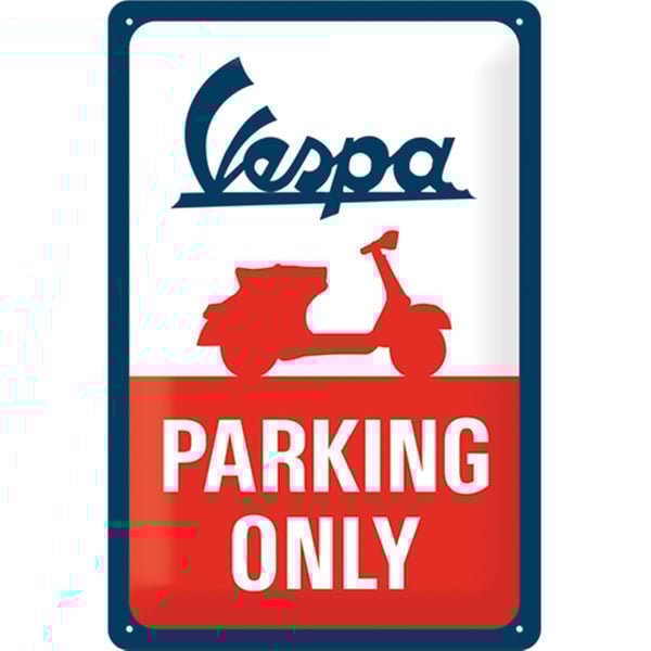 Blechschild mit Motiv Vespa Parking Only blau-weiss-rot 