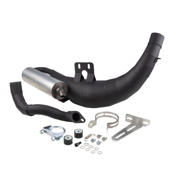 Rennauspuff EGIG Performance UNISEX black- Stahl schwarz- D�mpfer: Aluminium Farbe (ESD): silber f�r Vespa 90-R-SS-100-125-PV-ET3-PK80-125-XL-XL2