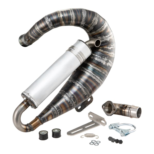 Rennauspuff EGIG Performance VRA 1-2mm f�r M200- Stahl klarlackiert- D�mpfer: Aluminium Farbe (ESD): silber f�r Vespa 90-R-SS-100-125-PV-ET3