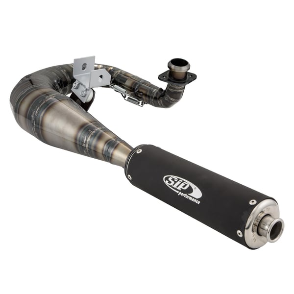 Rennauspuff SIP PERFORMANCE MUSTANG Design by NORDSPEED- Stahl klarlackiert- D�mpfer: Aluminium Farbe (ESD): schwarz matt f�r Vespa T5